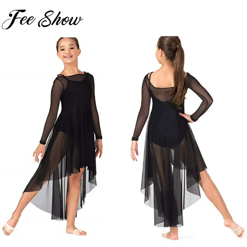 

FEESHOW Girls Ballet Dance Dress Black Long Sleeves Mesh Irregular Dance Wear Tutu Dress Children Ballet Performance Costume