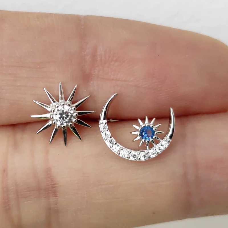 Женские серьги пусеты sun moon из стерлингового серебра 925 пробы с фианитами модные