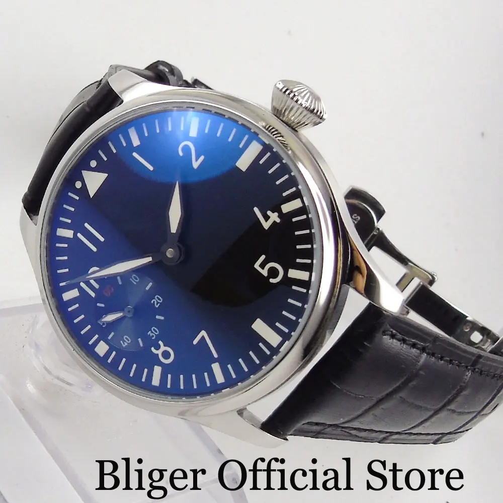 

Mechanical Hand Winding Men's Watch With 44mm Polished Case Leather Strap Deployment Clasp