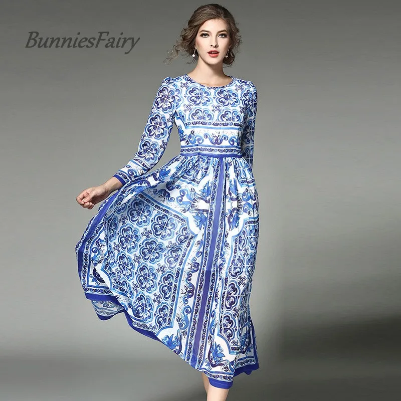blue and white bohemian dress