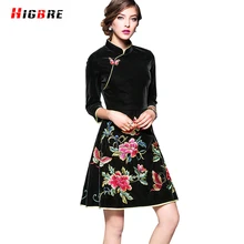 Autumn Winter Dress Plus Size Women Clothing Loose Casual Flower Embroidery Cheongsam Dress Short Chinese Style Dress 2017 New