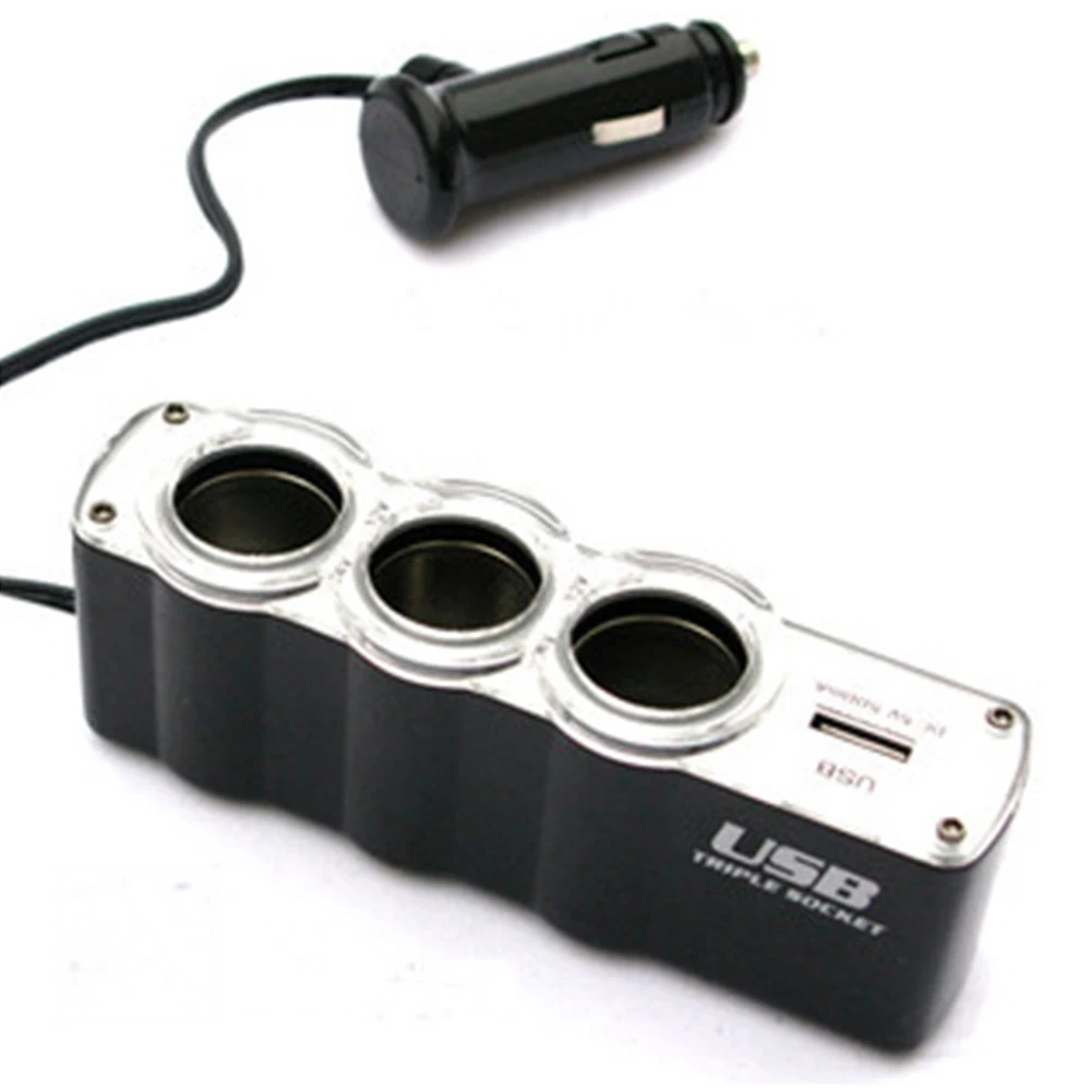 

12V-24V Car 3 Way Car Cigarette Lighter Socket Splitter Charger Power Adapter DC+USB 3 Port Plug