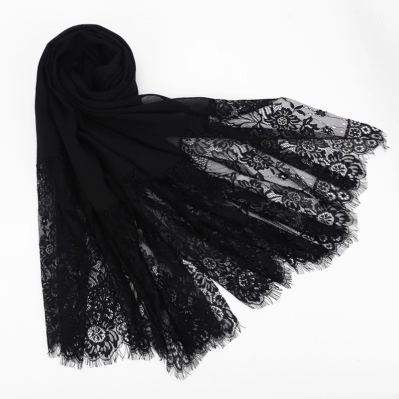 Популярный ДЛИННЫЙ КРУЖЕВНОЙ лоскутный шарф простой хиджаб цвет вечерние свадебные хиджабы женская голова шарф Мусульманский Исламский тюрбан шаль Пашмина