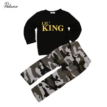Pudcoco/осенне-зимняя одежда для мальчиков футболка с надписью «Lil King» камуфляжные штаны Одежда для мальчиков из 2 предметов черный свитер комплект для малышей