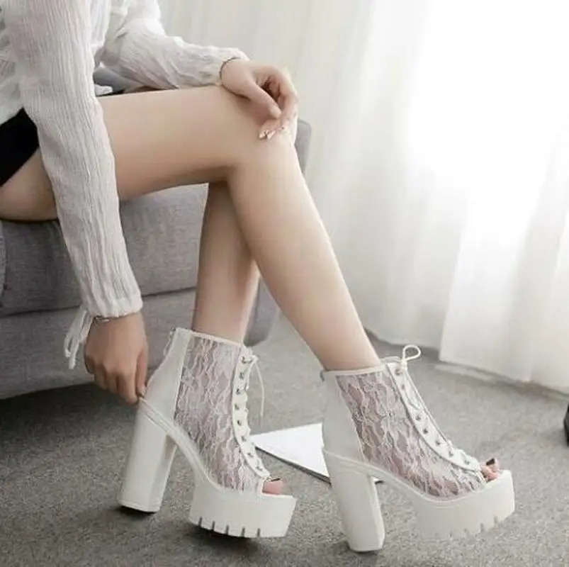 

Womens Gothic Punk Lace Open Toe Ankle Boots High Block Heels Platform Breathable Roman Shoes Summer Black White 13CM A423