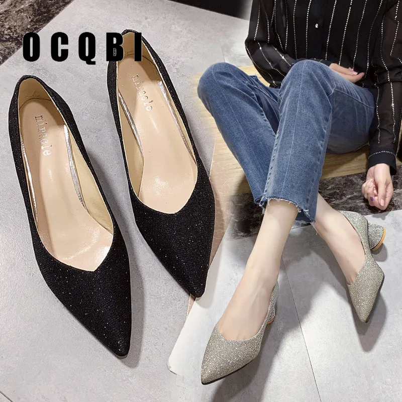 

2019 PU Leather Pumps Women's Autumn Slip-On Round Toe Square Heel Dress Shoes Handmade Elegant Bling Shallow Office Pumps