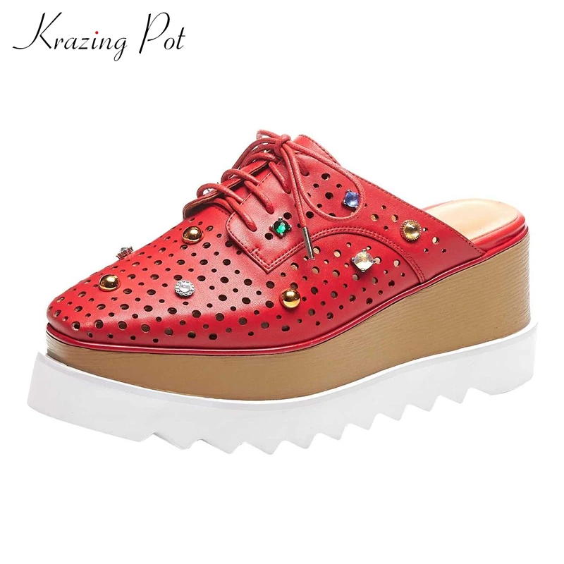 

Krazing Pot full grain leather shoes women wedges high heels metal fasteners crystal-studded slip on mules square toe pumps L25