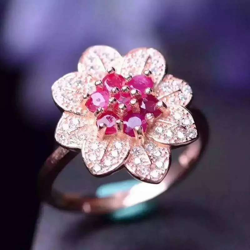 

Natural ruby stone Ring s925 sterling silver Natural red gemstone flowers Ring Brilliant fashion fine Jewelry for women party