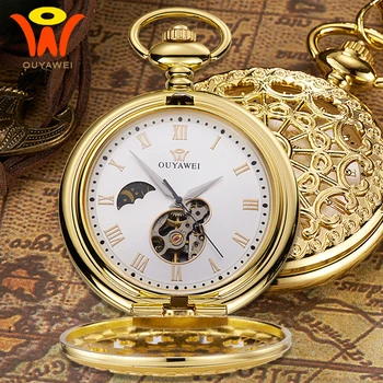 

Gold Mechanical Pocket Fob Moon Watch montre Vintage Pendant Watch Necklace Clock Men Antique Mechanical Hand Wind Chain Watches