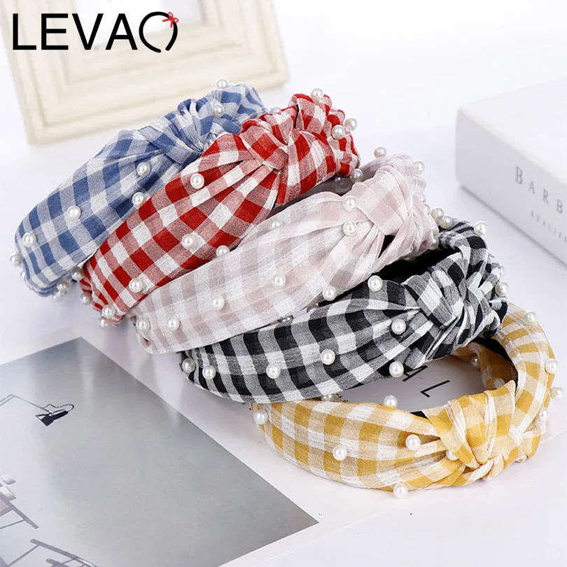 

LEVAO Korean New Fashion Plaid Pearl Solid Knotted Bezel Turban Women Headbands Hairbands Girls Hair Holder Accessories Headwear