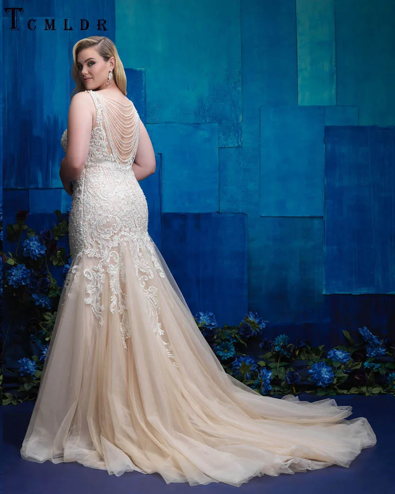 Tcmldr 2017 New Design Plus Size Wedding Dresses Long Mermaid Gowns Sexy Deep V-neck Crystal Beaded Backless Bridal Gown | Свадьбы и