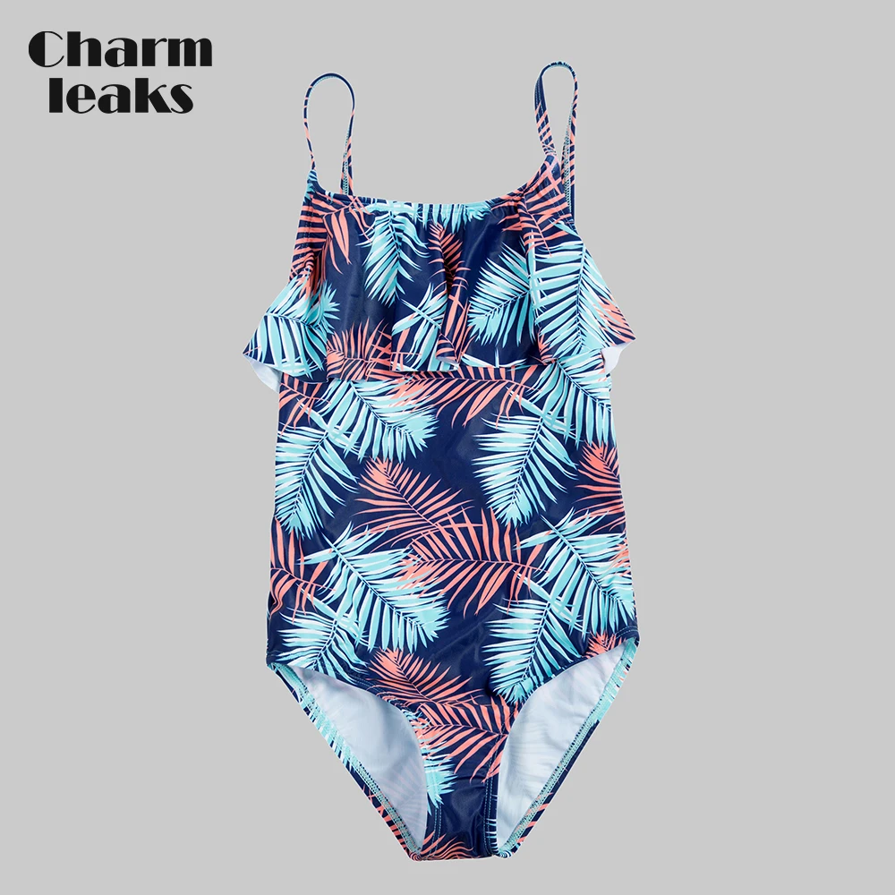 

Charmleaks Girls' One Piece Swimsuits Leaf Print Swimwear Ruffle Kids Bikini Adjustable Strap Beach Wear