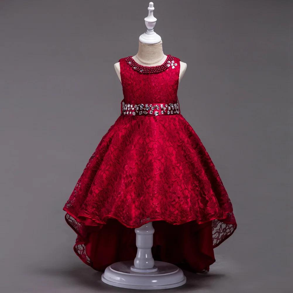 

Children Royal Blue Red Burgundy Wedding Party Gowns Short with Long Back Gowns New Half-pearl Sleeveless Kids Prom Dresses 2018