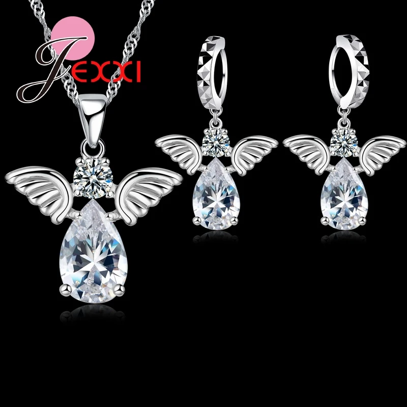 

JEXXI Cute Angel Shape Jewelry Sets CZ Crystal 925 Sterling Silver Pendant Necklace And Earring Set For lady Gifts Birthday