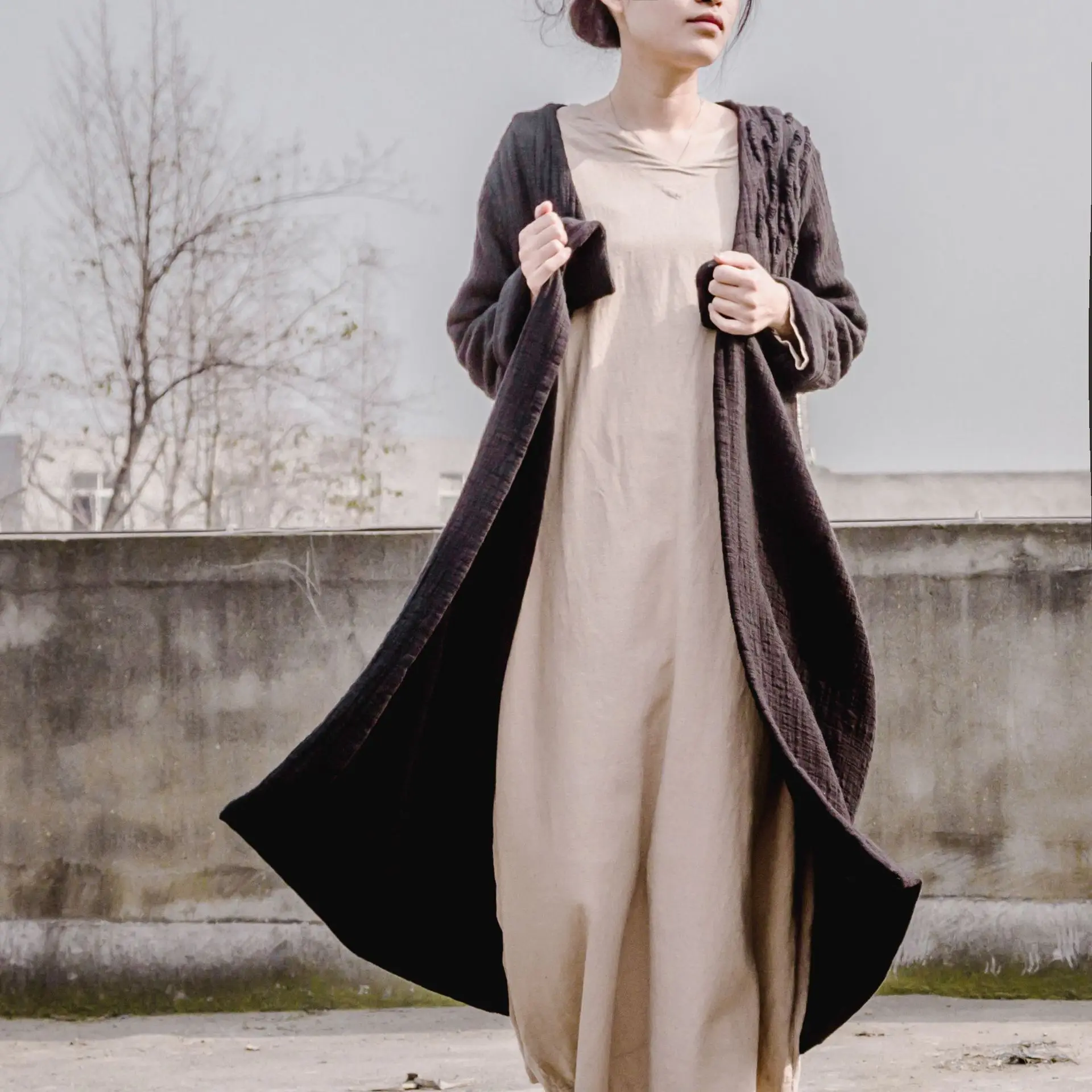 

Retro Thick Dense V Neck Handmade Embroidery Women Cotton Linen Cardigan Coat, Double Layers Making Classical Long Trench Coats