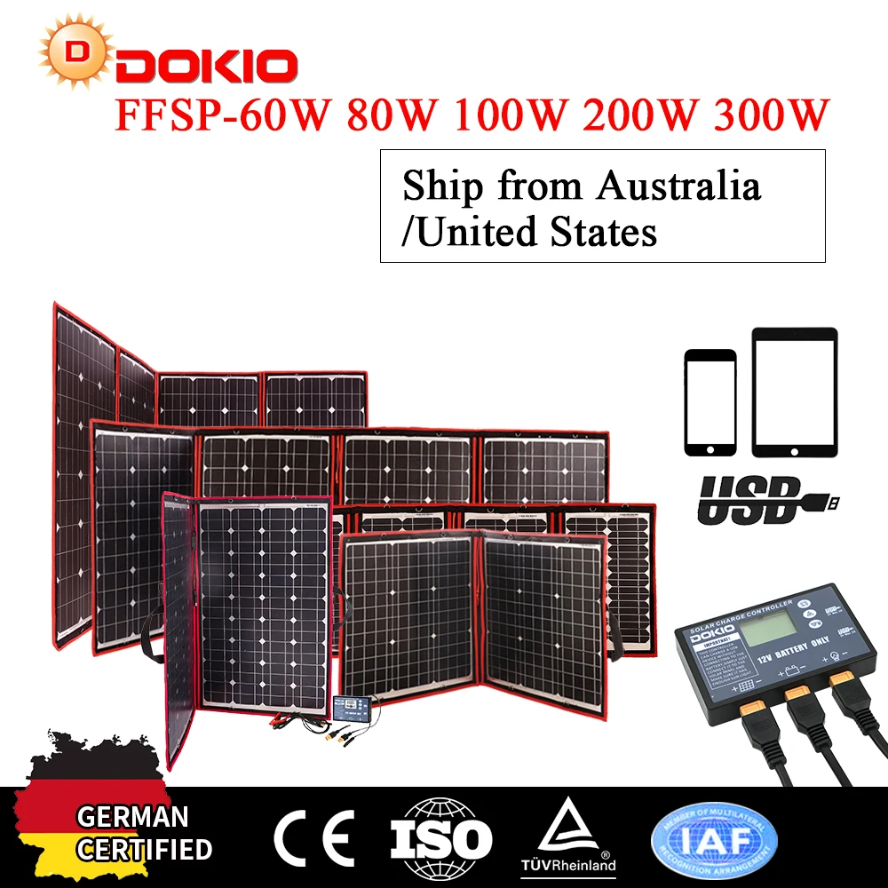 

Dokio 60W/80W/200W/300W Solar Panels Kits 18V Foldable Solar panel charge 12 Volt battery Controller Australian clearance sale