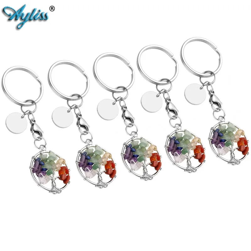 

Ayliss Bulk Price Silver Stainless Steel Keyring Key Chain with 7 Chakra Healing Crystal Tree of Life Pendant Jewelry 1x/5x/10x
