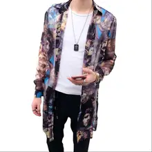 M-3XL Новая мода Мужская полый длинный раздел рубашки корейская печать ультра-тонкая длинная сетчатая рубашка Солнцезащитная одежда