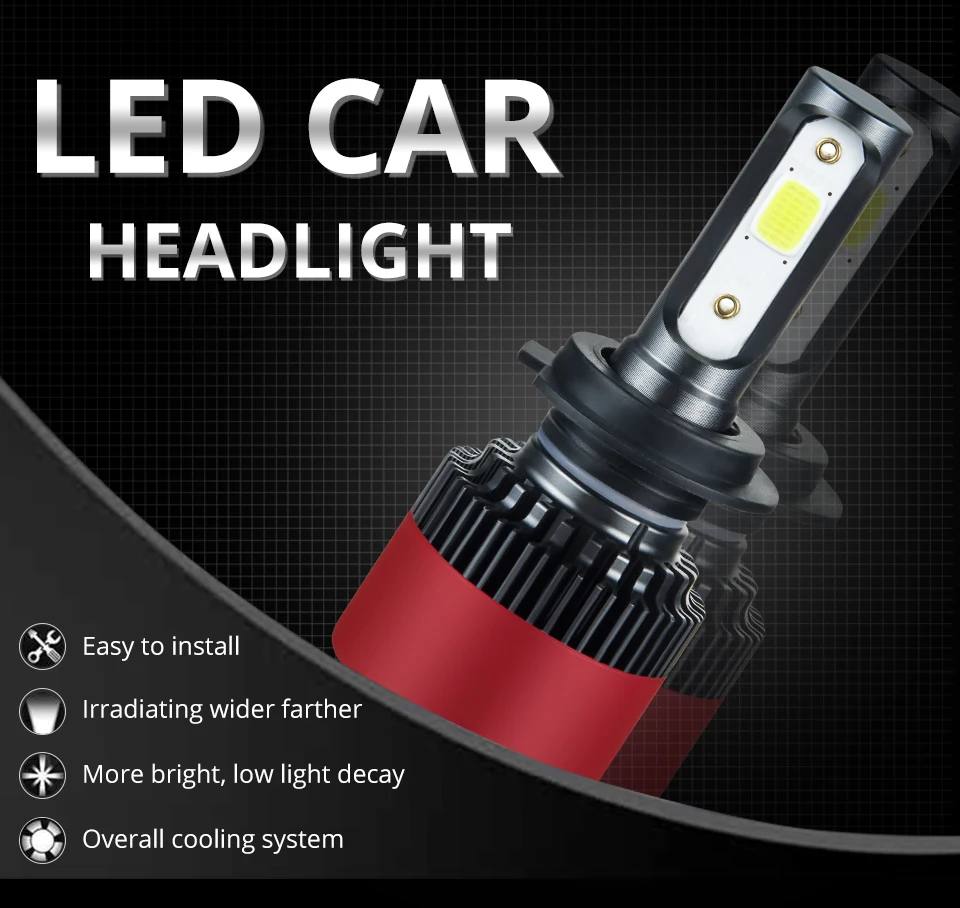 Foxcncar H7 COB Car LED Headlight Bulbs H4 Hi-Lo Beam H11 H1 H3 9005 9006  72W 10000LM 6500K Auto Headlamp Fog Light DC12v 24v (1)