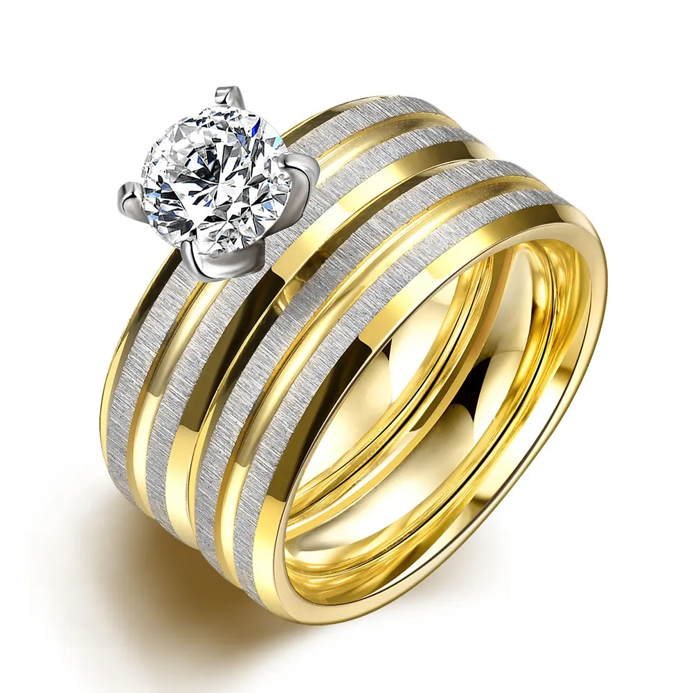 Engagement Promise Jewelry Round Cut AAA Zircon Couples Ring Set Gold Color Titanium Stainless Steel Wedding Ring for Men Women
