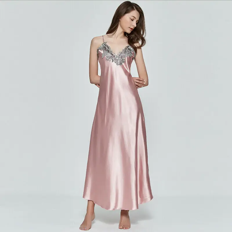 

Women Summer Sexy Sleeveless V-neck Satin Silk Lace Lingerie Long Night Dress Nightgown Sleepwear