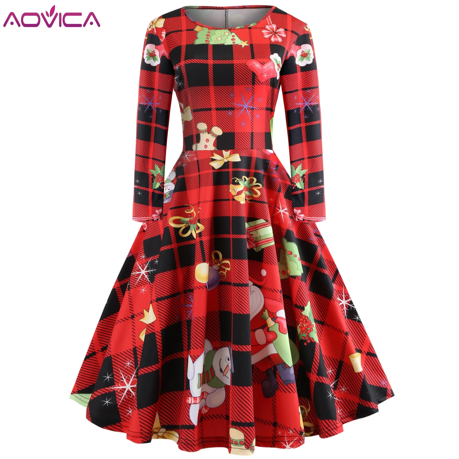 

2018 Vintage Christmas Green Cute Lovely Women Dresses Loose Animal Heart Cartoon Print Girls Party Fashion Female Plaid Dress