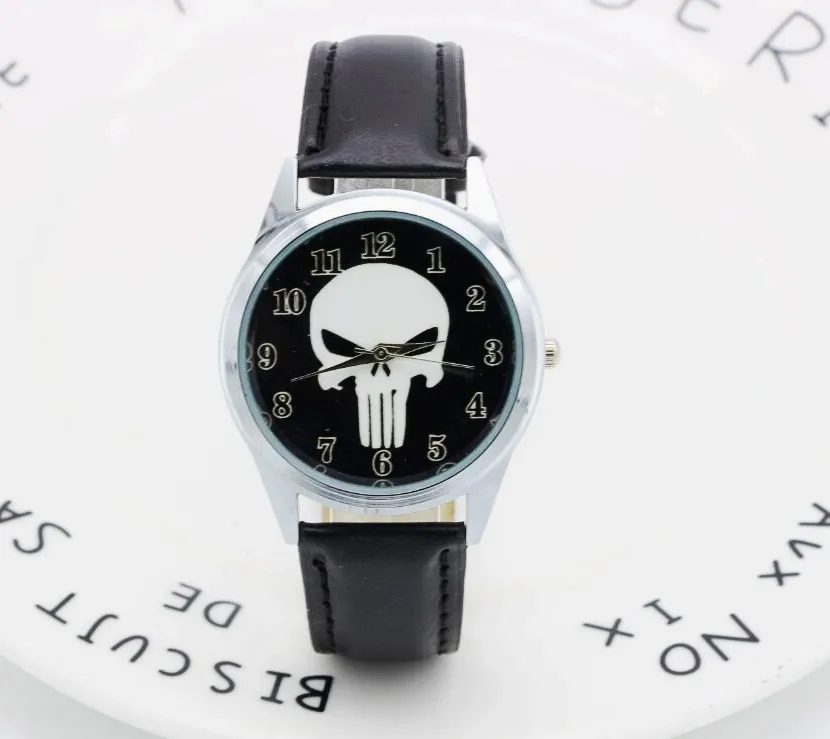 

2017 Marvel Super Hero The Punisher Leather Band Skull Black Fashion kids Watch Wrist