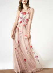 См. оранжевое летнее платье ручной работы с вышитыми цветами, Сетчатое женское платье с длинными рукавами, платье Femme Ete 2018 Bohemain Maxi платье SO1105