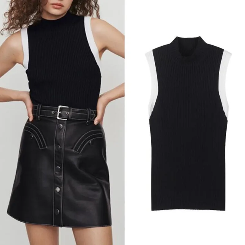 

Knitted Tank Tops Women Rib Elegant White Patchwork Vest Good Elastic Summer Runway Design Slim Sleeveless Pullovers Tops Casual