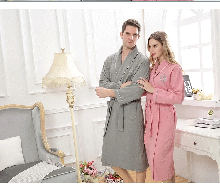 Хлопковый банный халат для мужчин и женщин с длинным рукавом вафельный сна Lounge халат пеньюар ночные рубашки для девочек