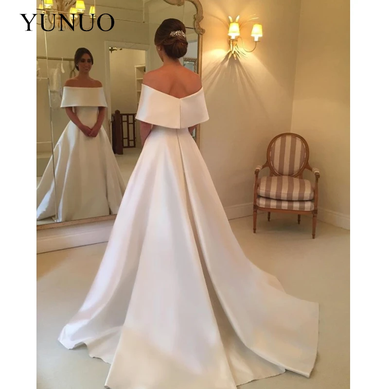 Vintage White Ivory Wedding Dresses Off The Shoulder Satin A-line Bridal Dresses Sweep Train 2019 Hot Sale Vestido De Novia New (2)-_
