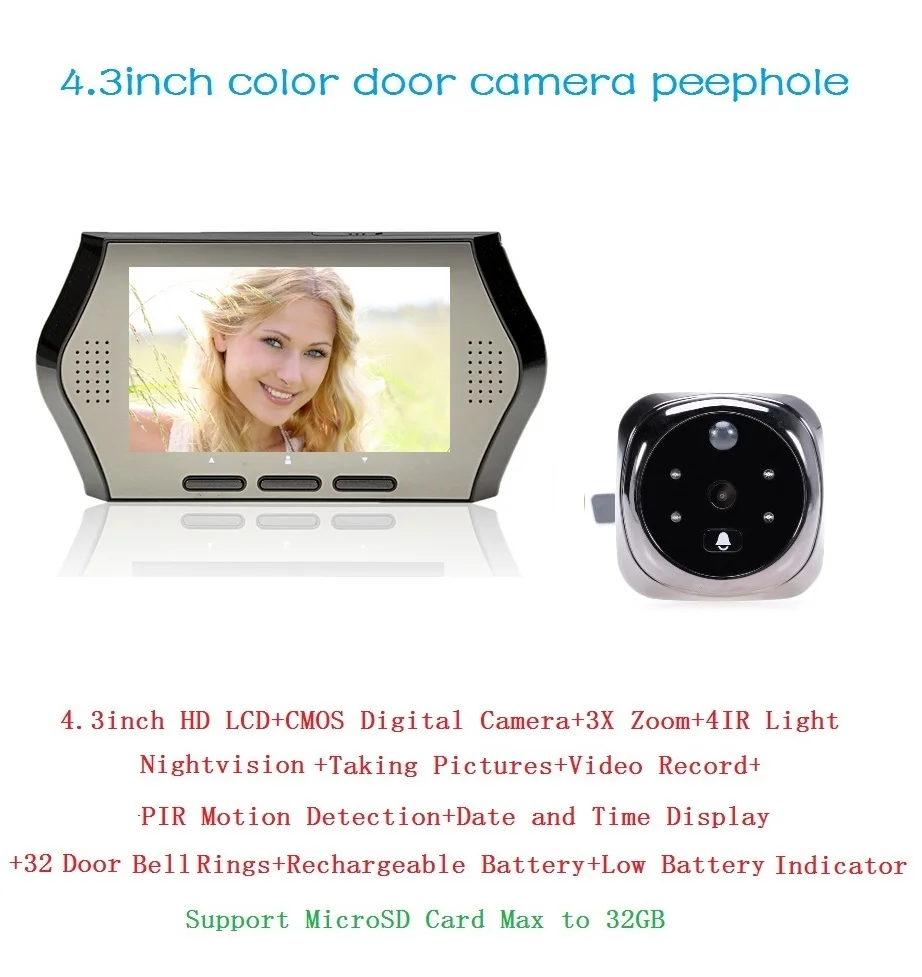

Spanish menu camara mirilla puerta 2019 PIR motion detection 4.3 inch LCD 0.3 Megapixels camera IR night vision 32 Rings Max 32G