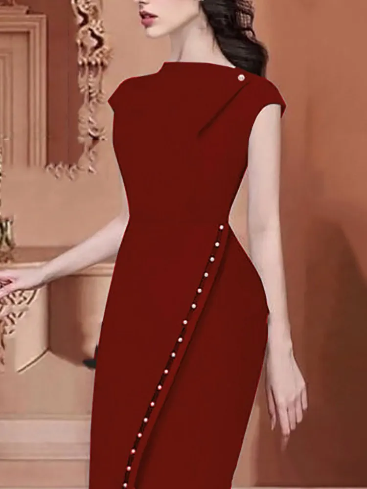 

Fashion 2019 Women Casual Office Dress Elegant Slit Party Dress Solid Button Beading Irregular Midi Dress