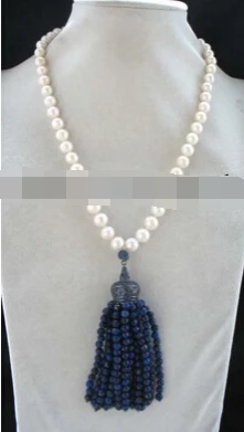 

FREE SHIPPING>>>@ new2037 freshwater pearl white round lapis lazuli round necklace 18