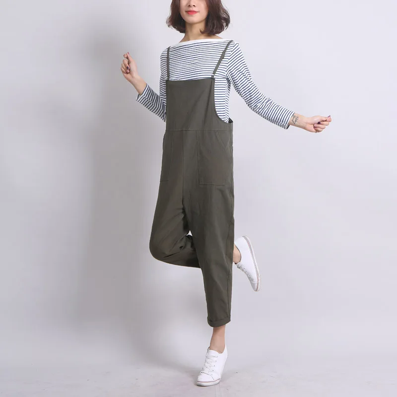 Ankle Length Women Loose Suspender Trousers Solid Color