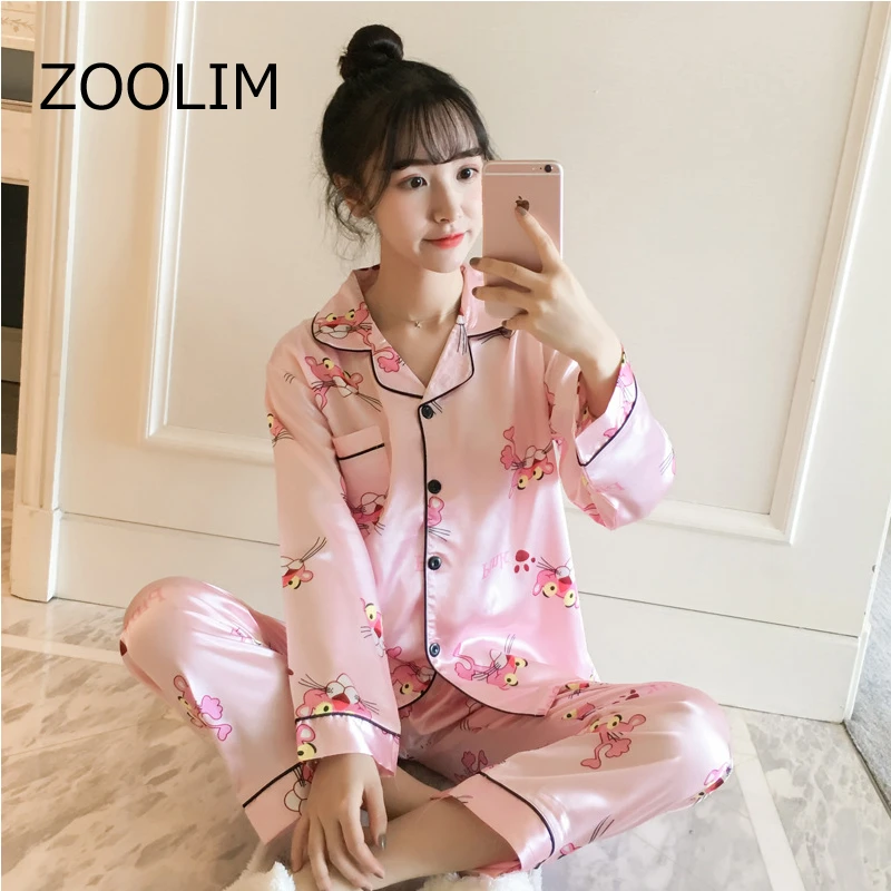 秋かわいい動物 Parttern サテンパジャマナイトウェアピンクパンサーのシルクのパジャマ長袖女性のパジャマパンツ Pajama Sets Aliexpress