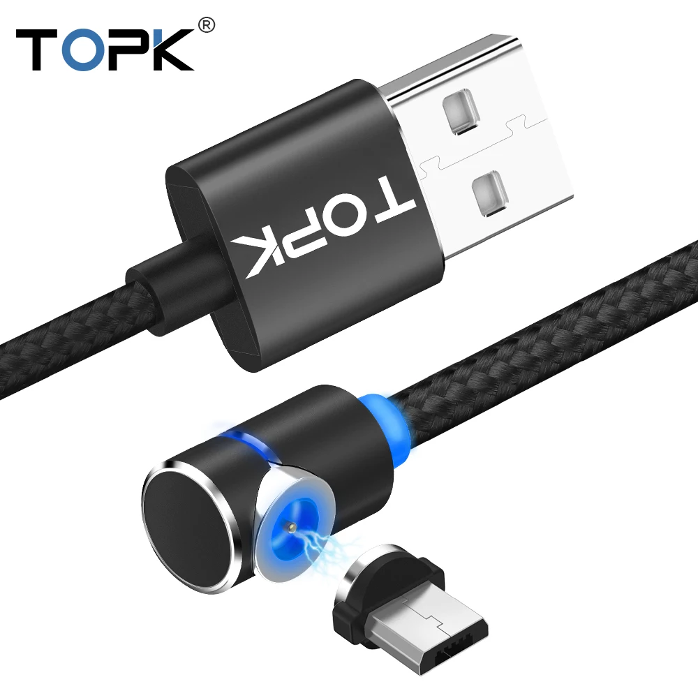 TOPK L-Line1 1 м и 2 м светодиодный магнитный Micro USB кабель 90 градусов L Форма Магнит USB зарядное устройство кабель для Micro USB порт и разъемы