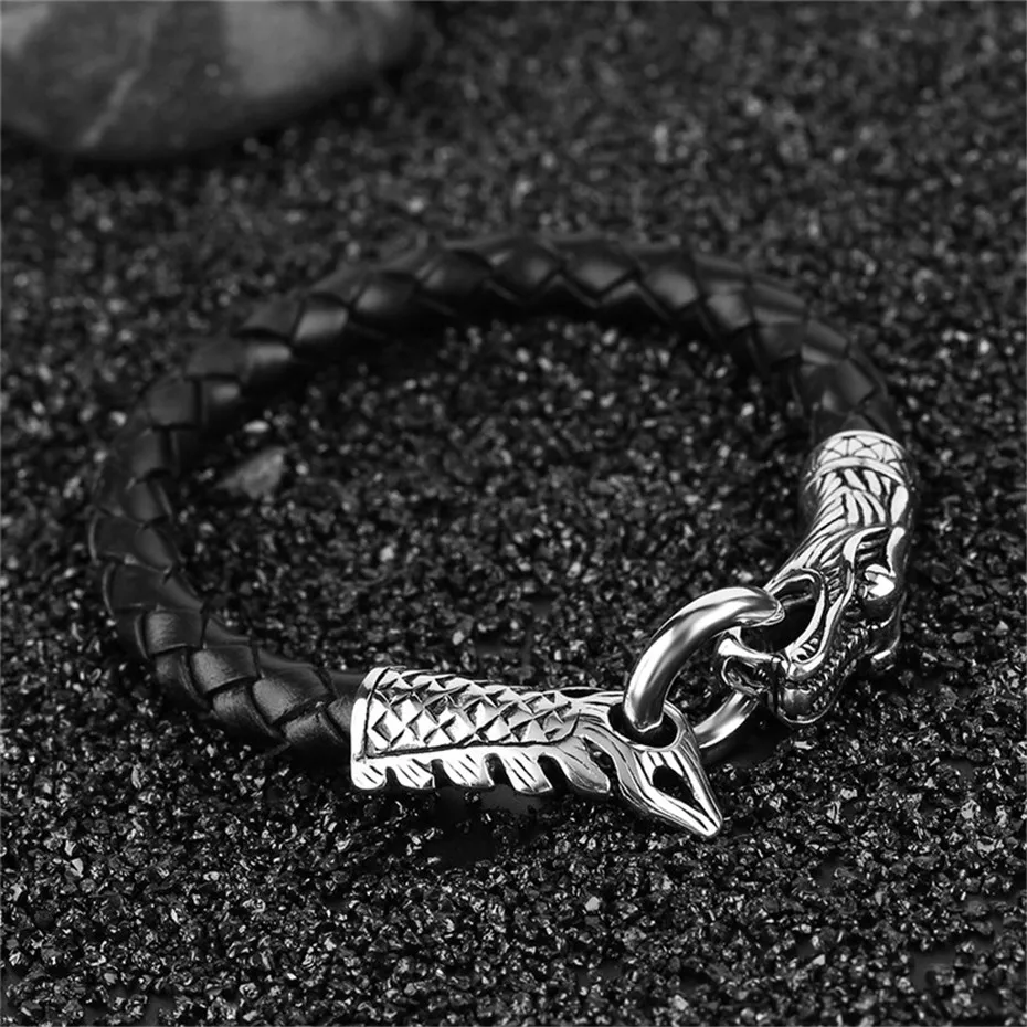 Dragon Theme Chinese Zodiac Signs Charms Men Bracelet Punk Hand-woven Leather Rope Chain Black Creative Jewelry Casual Gift (1)