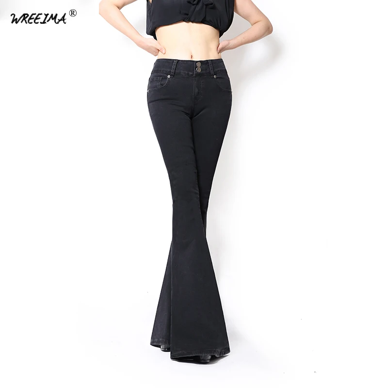 Женские повседневные расклешенные джинсы с расклешенным низом, обтягивающие женские черные однотонные узкие джинсовые штаны со средней талией, брюки для молодых девушек C078