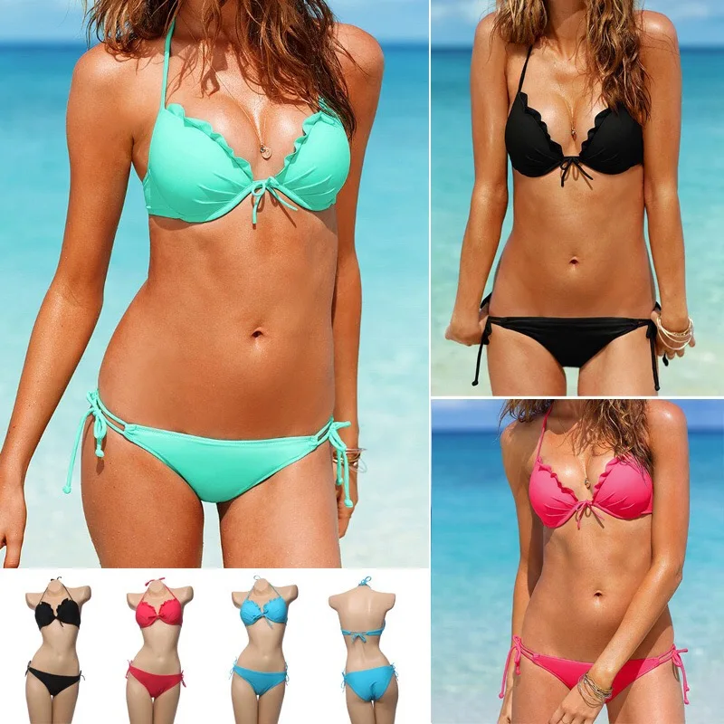 

Women's Sexy Black Solid Weave Halter triangle Padded Beachwear Bath Bikinis Sets Biquini Swimsuits Suits Tankini Swimwear