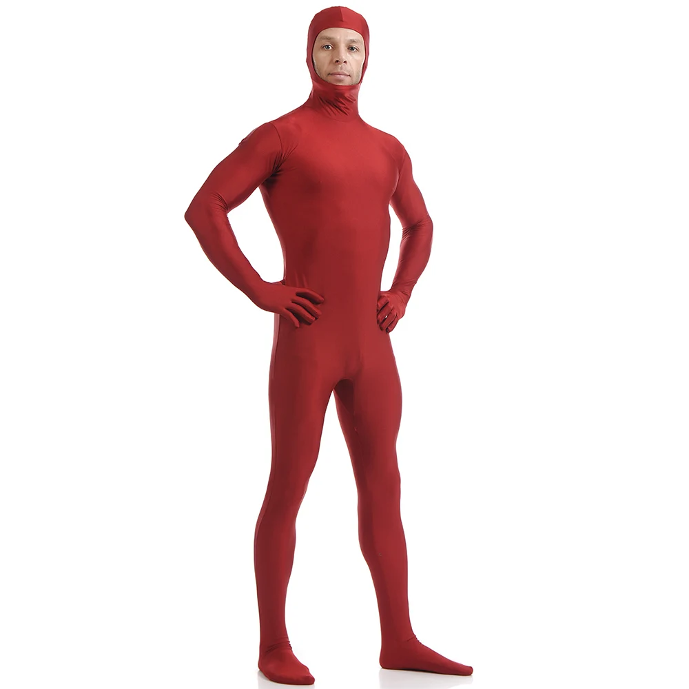Sperse взрослый полный тело лицо Открытый черный зентай костюм мужчины цельный второй кожи колготки лайкра спандекс зентай Косплей Костюм - Цвет: Deep red