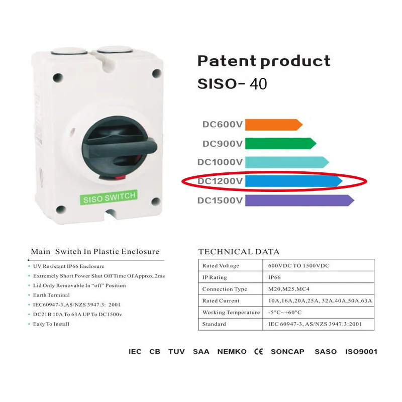 SISO-40 4 P 32A PV DC Тип защиты от солнца изолятор выключатели 1200 В разъединения Солнечные энергетические установки