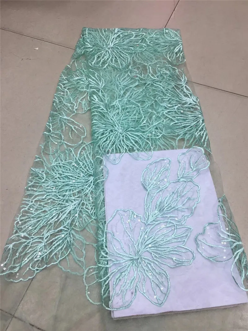 

5yard sequins african net lace fabric Good design mint green color embroidered lace fabric with clear white sequins