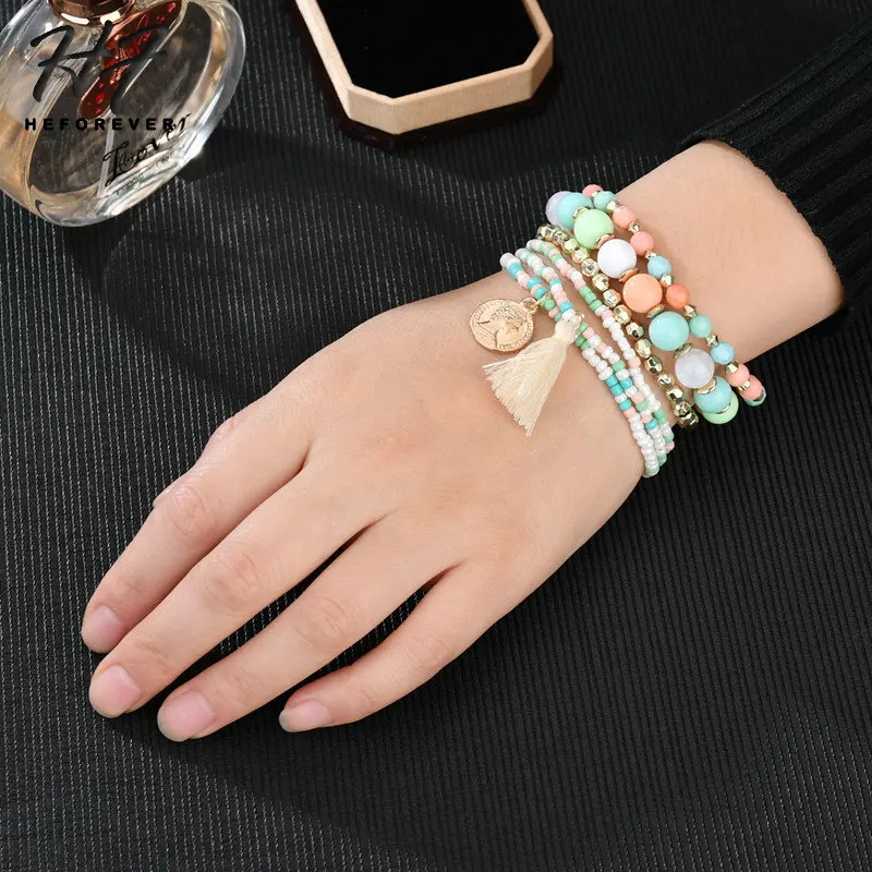 Korean Boho Colorful Beads Tassel Lady Coin Bracelets for Women