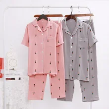 Пары хлопок креп летняя одежда для сна 2 шт. короткий рукав длинный сна нижняя часть пижамы Для мужчин Для женщин домашняя одежда свободного кроя из мягкой дышащей ткани