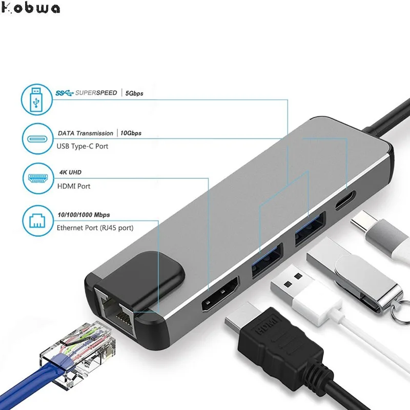 

5 in 1 USB Type C Hub Hdmi Rj45 Lan Adapter for Macbook Pro Thunderbolt 3, USB C to Gigabit Ethernet Adapter USB-C Charge Port
