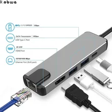 5 in 1 USB Type C Hub Hdmi Rj45 Lan Adapter for Macbook Pro Thunderbolt 3, USB C to Gigabit Ethernet Adapter USB-C Charge Port dzlst 4 port usb type c 3 1 multiport adapter usb c to usb 3 0 usb c hub metal high speed 4 in 1 for macbook google chromebook