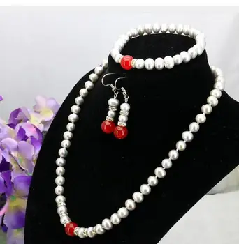 

Women Gift Freshwater red gem necklace sets 7-8mm necklace 2pc/lot charming women jewelry m