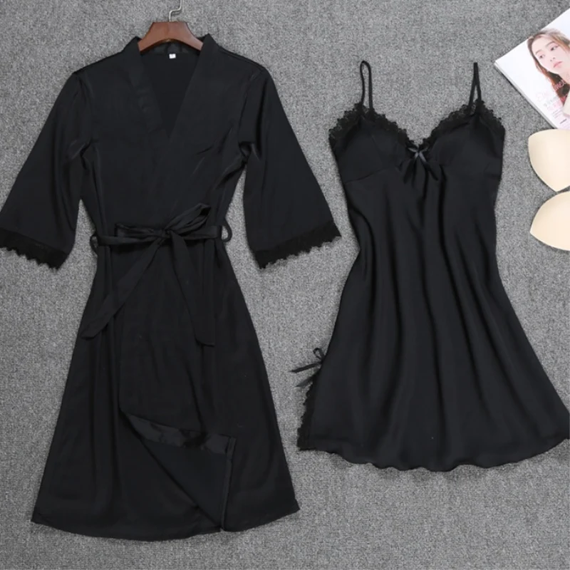 New Women Silk Robe Sexy Lace Nightgown Robe Set for Female 2 Piece Satin Sleepwear Women Plus Size Women Robe Set Nightwear 49 (2)