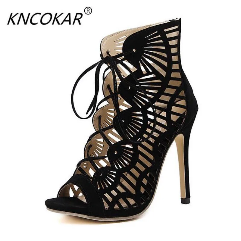 

Women Pumps Brand Designer High Heels Cut Outs Lace Up Open Toe Party Shoes Woman Gladiator Sandals Women Sexy Ladies Black
